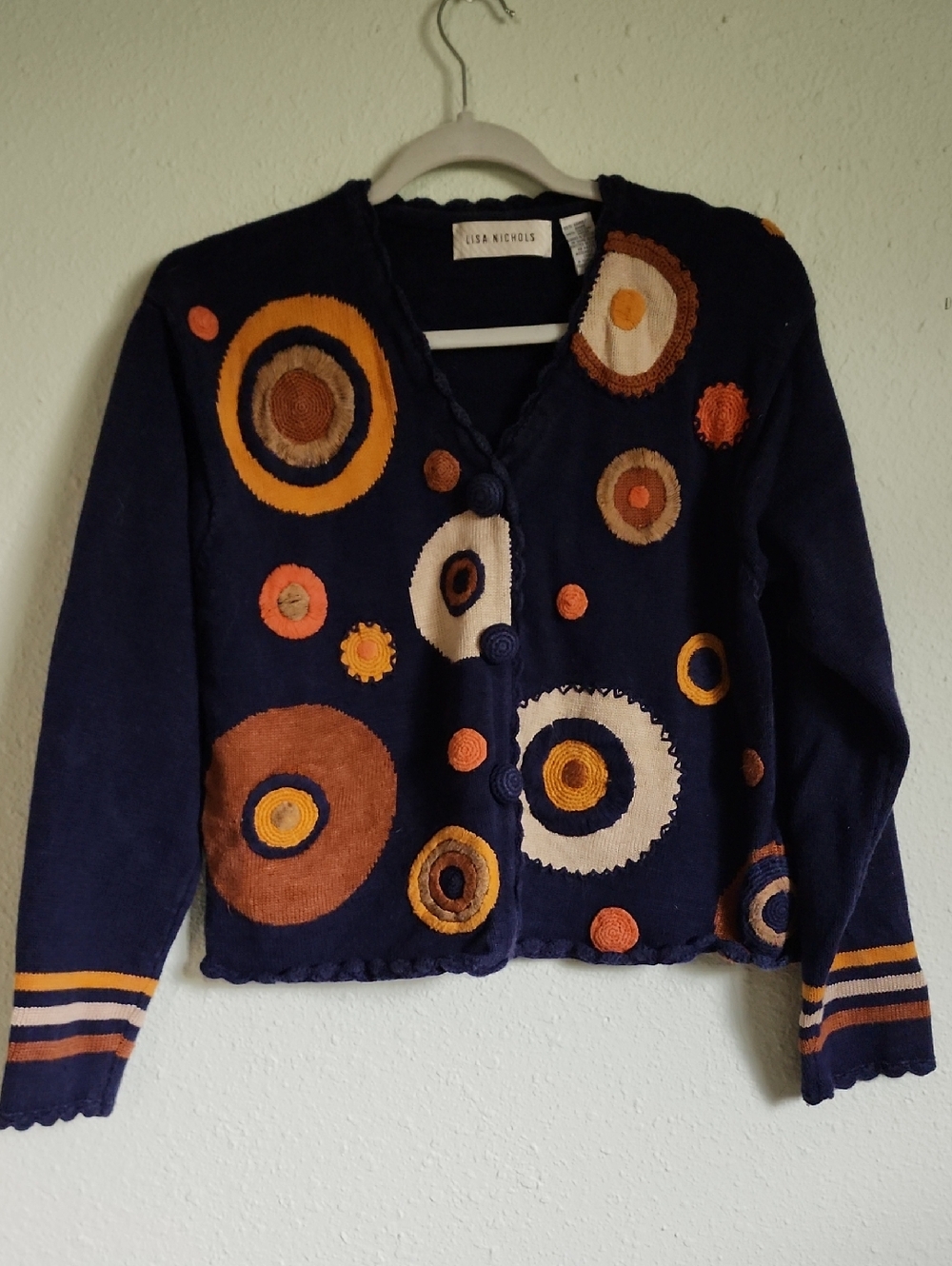 Lisa Nichols Vintage Navy Circle Appliqué Cardigan Sweater